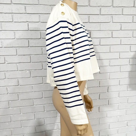 J.Crew Cropped Boatneck T-shirt with Buttons in Mariner Cotton - Size Large - Picture 3 of 14